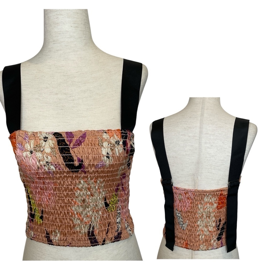 Krisa Smocked Crop Top Floral Print Adjustable Canvas Straps in Pink Blush Small
